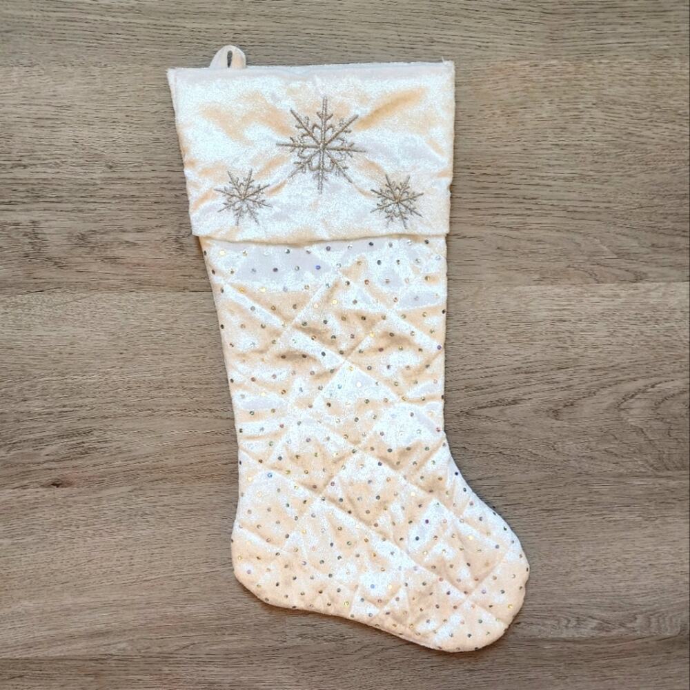Snowflake Iridescent Polka Dot White Christmas Hanging Stocking Holiday Decor